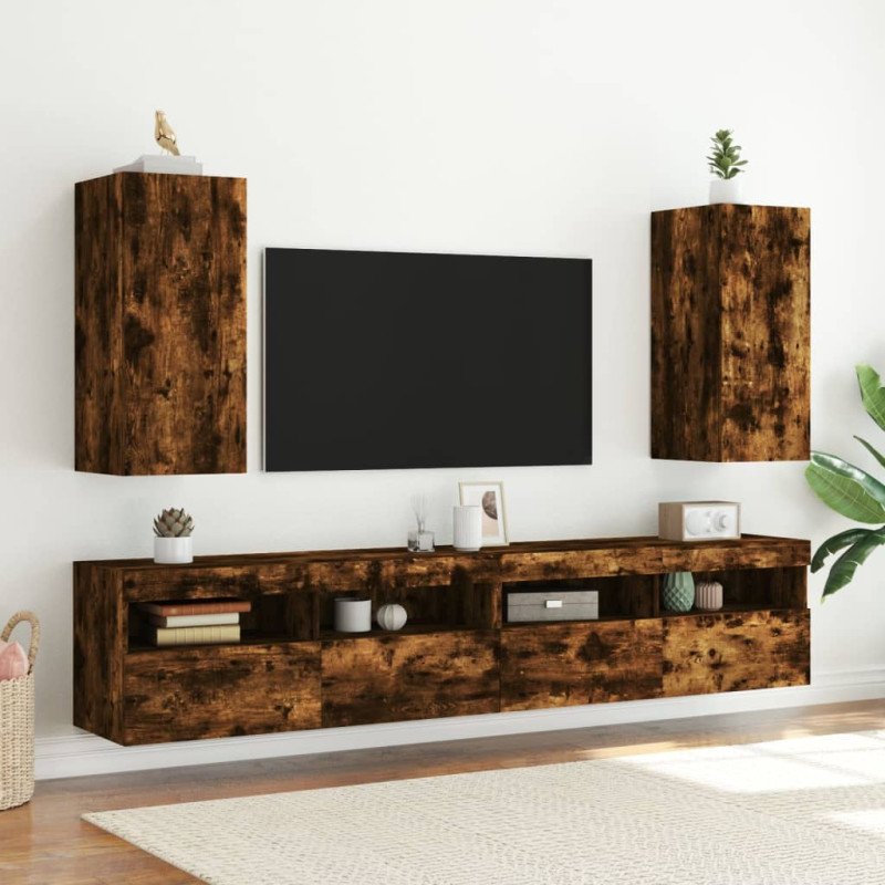 vidaXL TV nástenná skrinka s LED svetlami dymový dub 30,5x35x70 cm