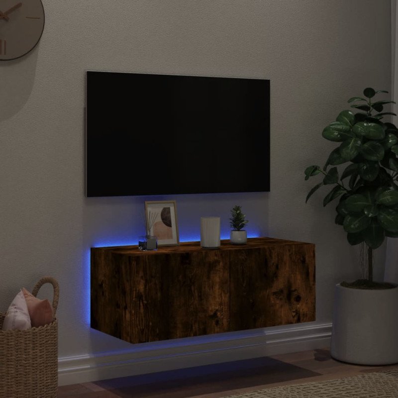 vidaXL TV nástenná skrinka s LED svetlami dymový dub 80x35x31 cm