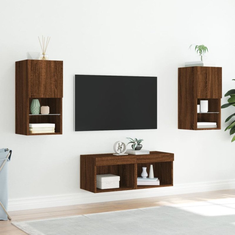 vidaXL 4-dielne TV nástenné skrinky s LED svetlami hnedý dub