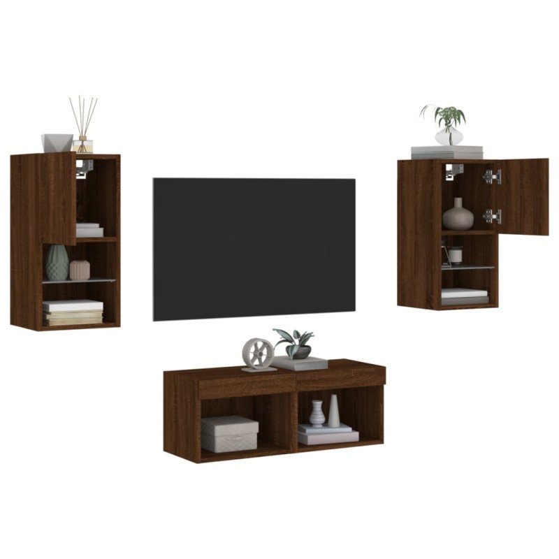 vidaXL 4-dielne TV nástenné skrinky s LED svetlami hnedý dub