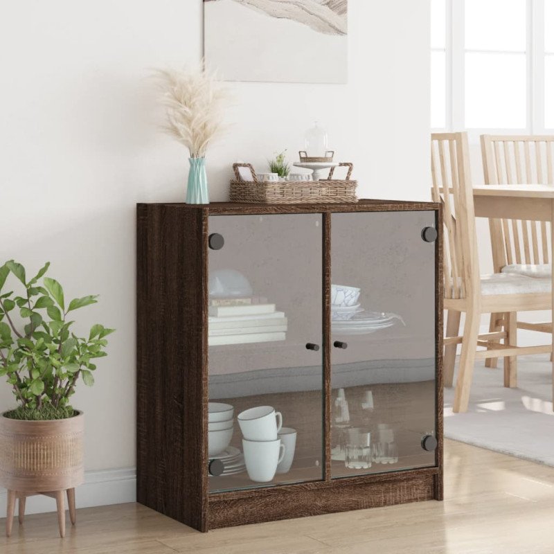 vidaXL Bočná skrinka so sklenenými dvierkami hnedý dub 68x37x75,5 cm