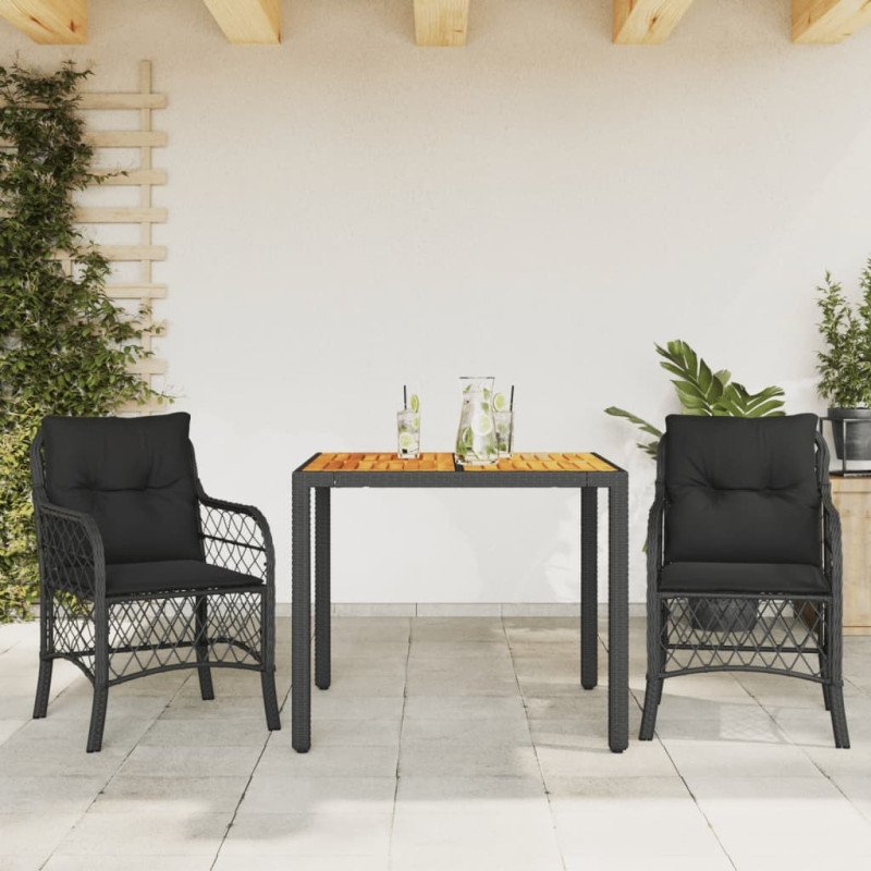 vidaXL 3-dielna bistro súprava s vankúšmi čierna polyratanová
