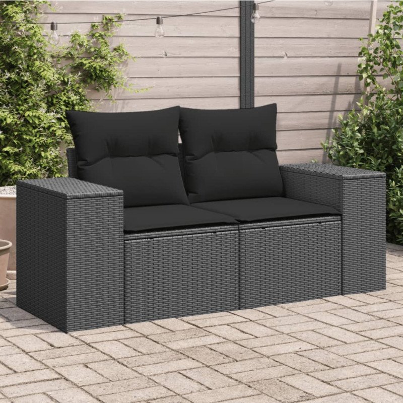 vidaXL Záhradná pohovka s vankúšmi 2-miestna čierna polyrattan