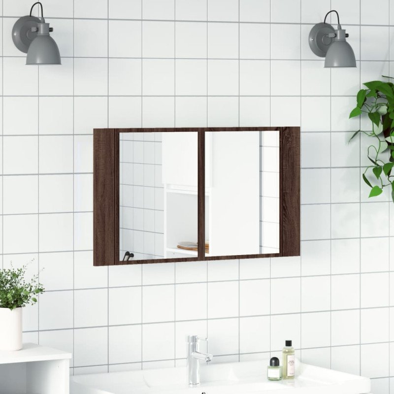 vidaXL LED kúpeľňová zrkadlová skrinka hnedý dub 80x12x45 cm akryl