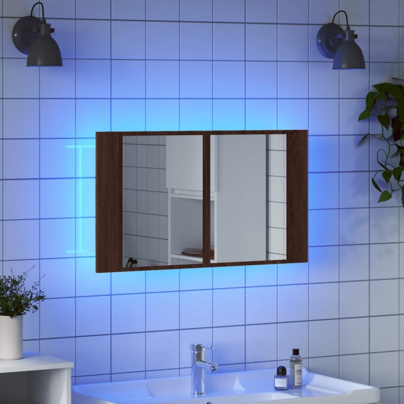 vidaXL LED kúpeľňová zrkadlová skrinka hnedý dub 80x12x45 cm akryl