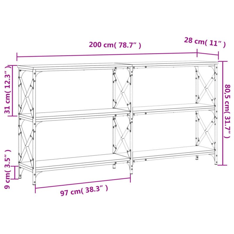 vidaXL Konzolový stolík dymový dub 200x28x80,5 cm kompozitné drevo