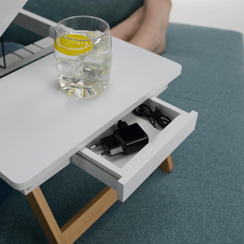 Kondela Príručný stolík na notebook/držiak na tablet, biela/prírodný bambus, MELTEN