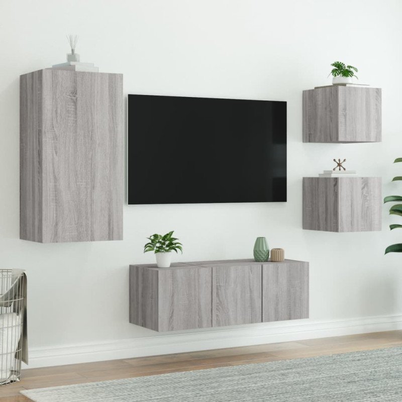 vidaXL 5-dielne TV nástenné skrinky s LED sivé sonoma kompozitné drevo
