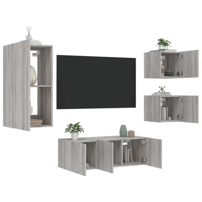 vidaXL 5-dielne TV nástenné skrinky s LED sivé sonoma kompozitné drevo