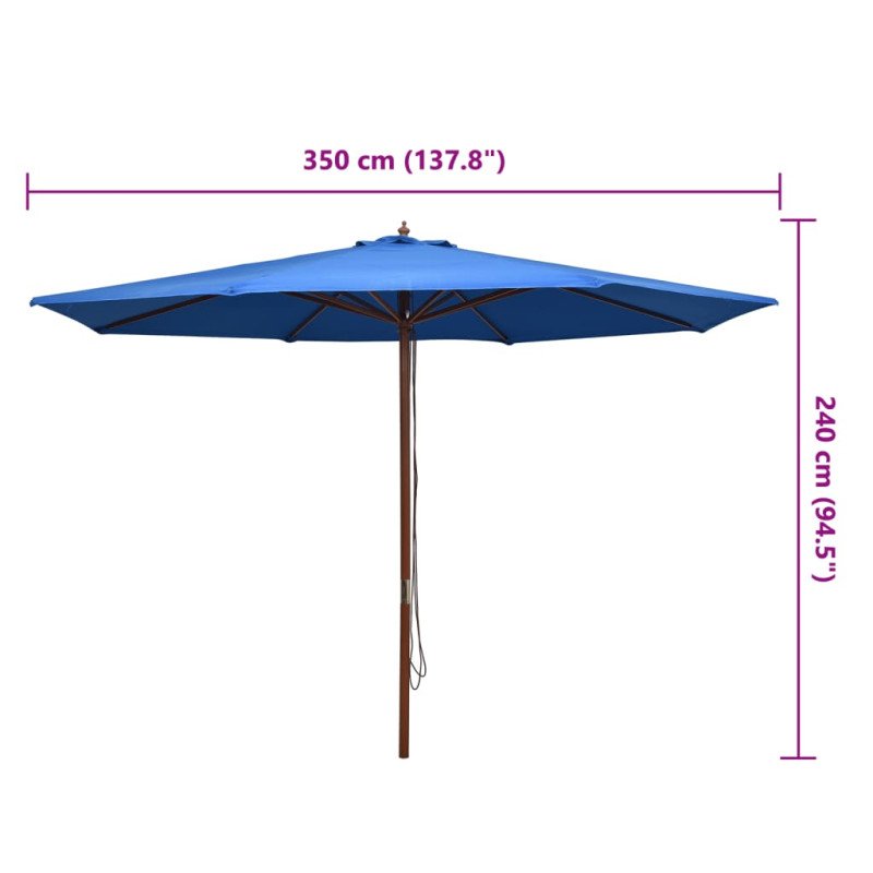 vidaXL Vonkajší slnečník s drevenou tyčou 350 cm, modrý