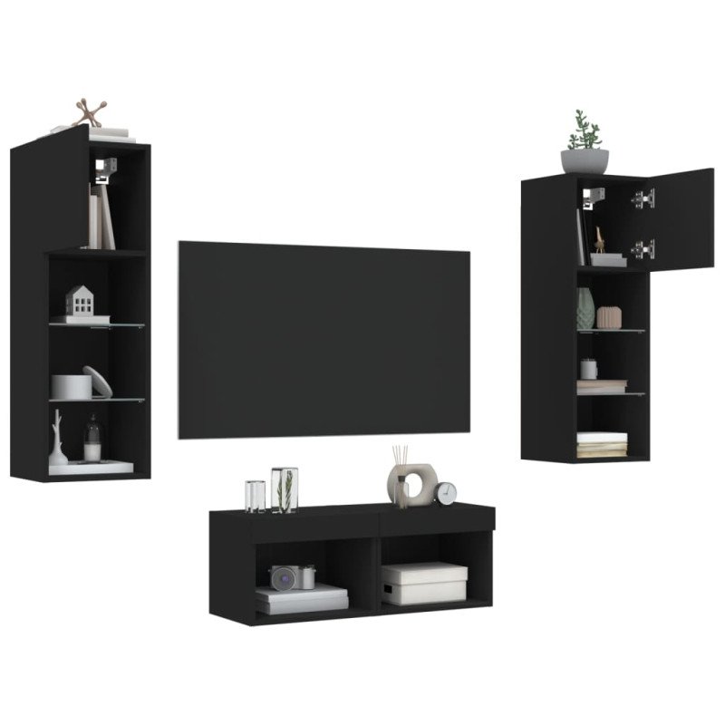 vidaXL 4-dielne TV nástenné skrinky s LED svetlami čierne
