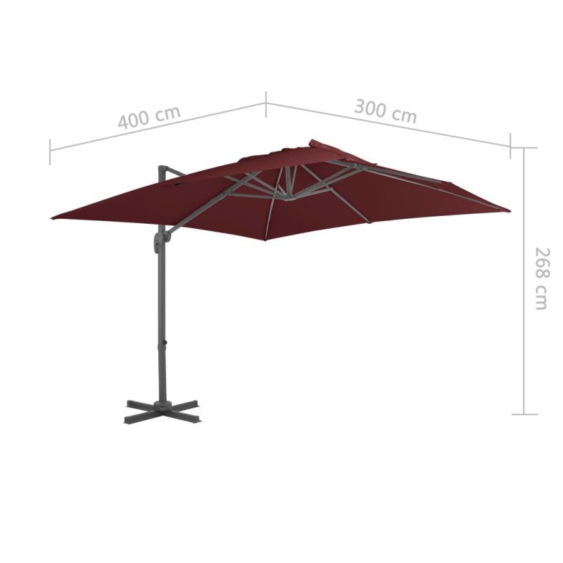 vidaXL Závesný slnečník s hliníkovou tyčou 400x300 cm bordovočervený