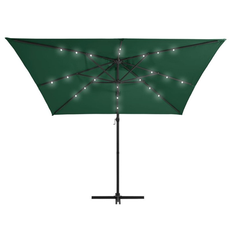 vidaXL Závesný slnečník s LED a oceľovou tyčou 250x250 cm, zelený