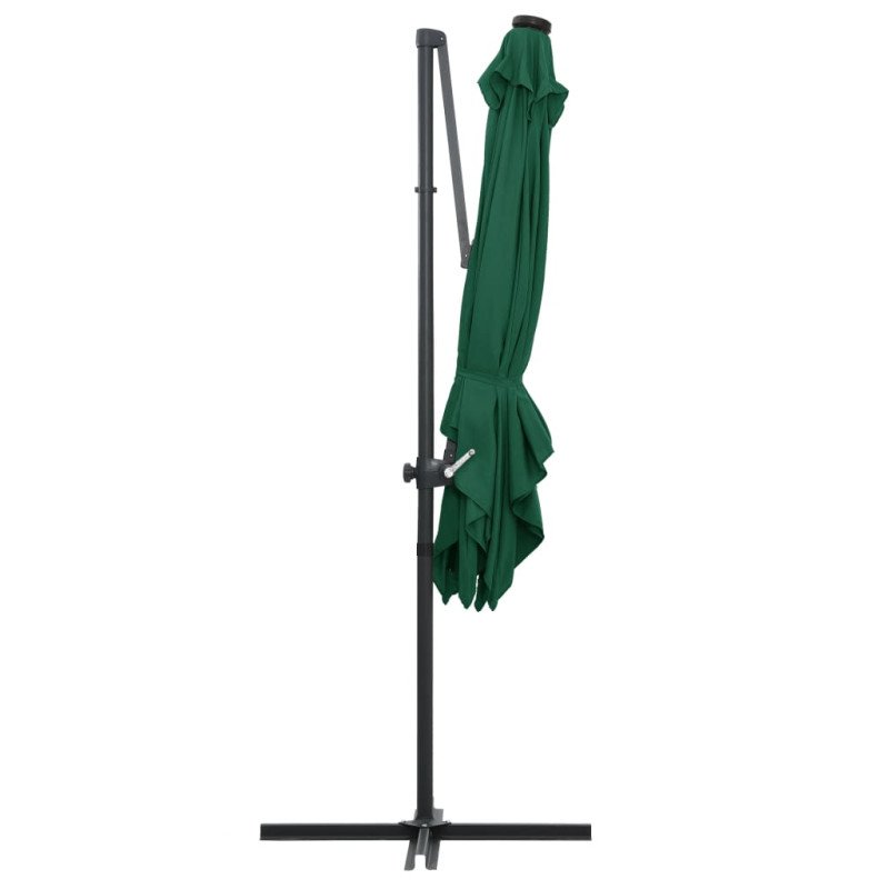 vidaXL Závesný slnečník s LED a oceľovou tyčou 250x250 cm, zelený