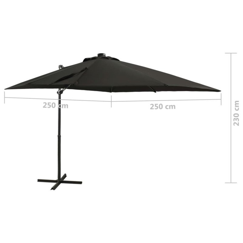 vidaXL Závesný slnečník s tyčou a LED svetlami čierny 250 cm