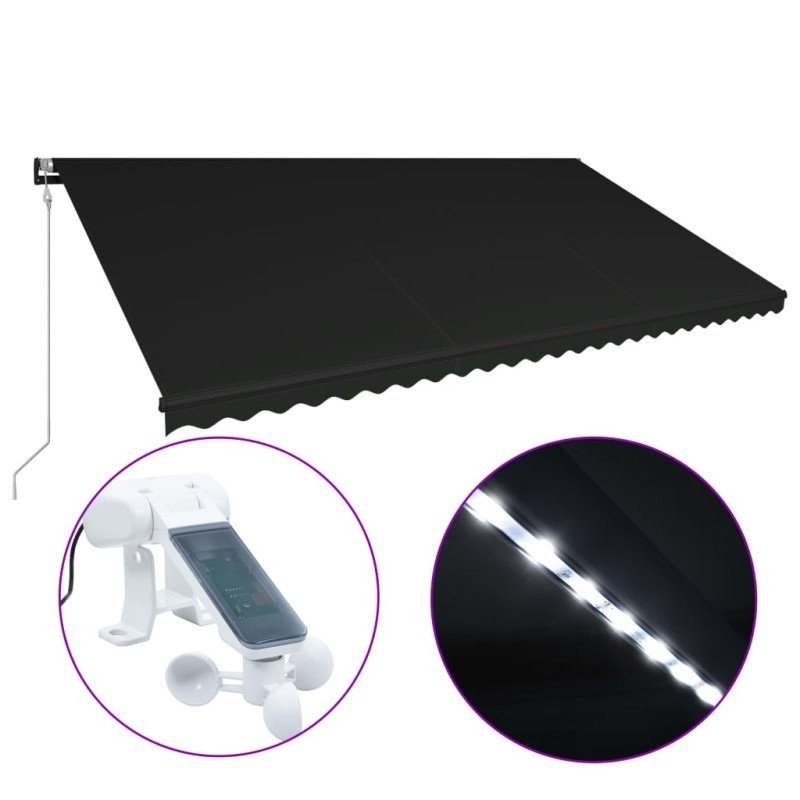 vidaXL Zaťahovacia markíza so senzorom vetra a LED 600x300 cm antracitová 