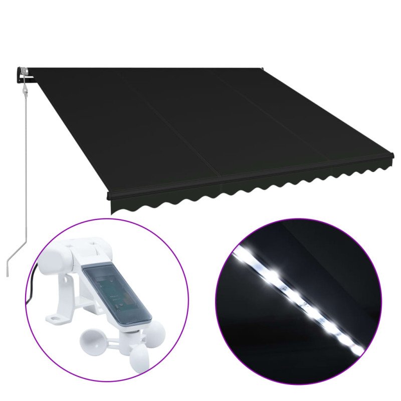 vidaXL Zaťahovacia markíza so senzorom vetra a LED 400x300 cm antracitová 