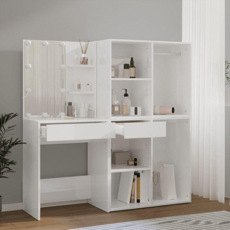 vidaXL Toaletný stolík LED a 2 skrinky lesklý biely spracované drevo