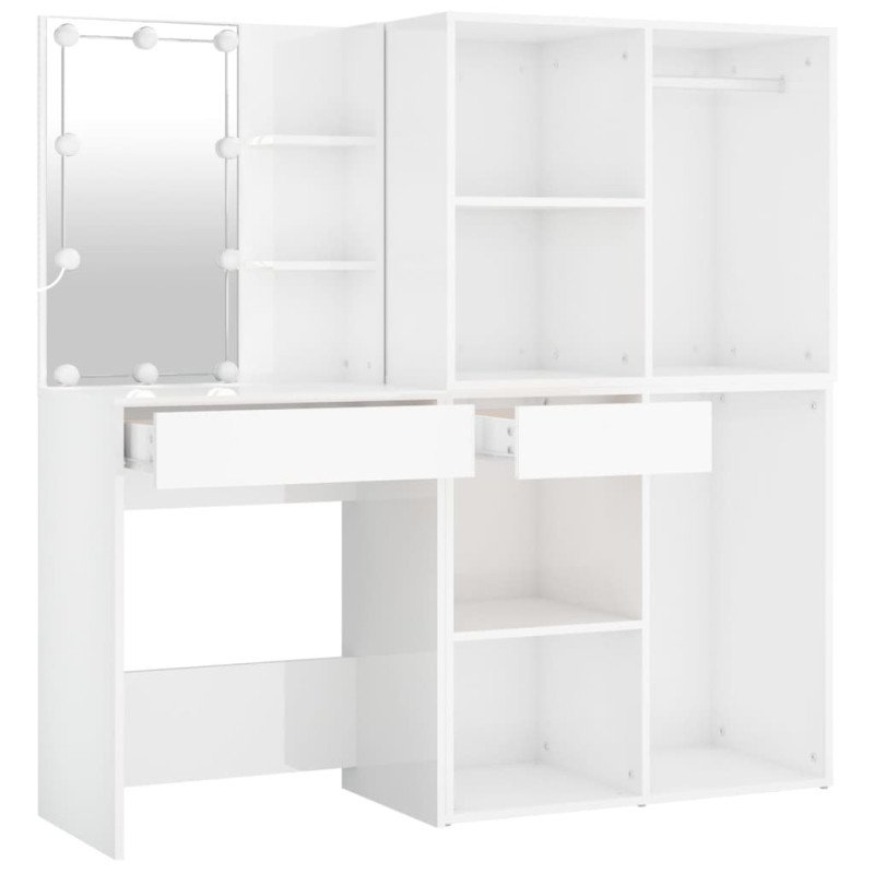 vidaXL Toaletný stolík LED a 2 skrinky lesklý biely spracované drevo