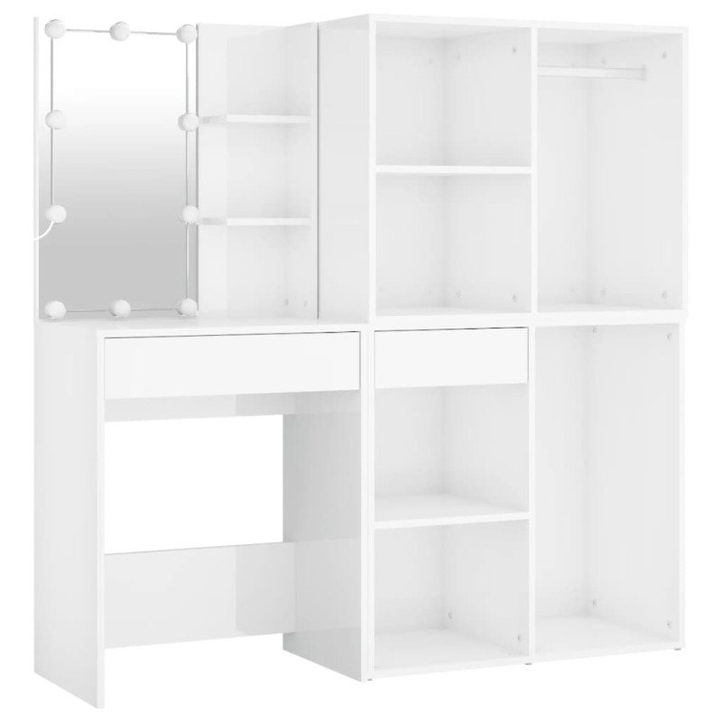 vidaXL Toaletný stolík LED a 2 skrinky lesklý biely spracované drevo