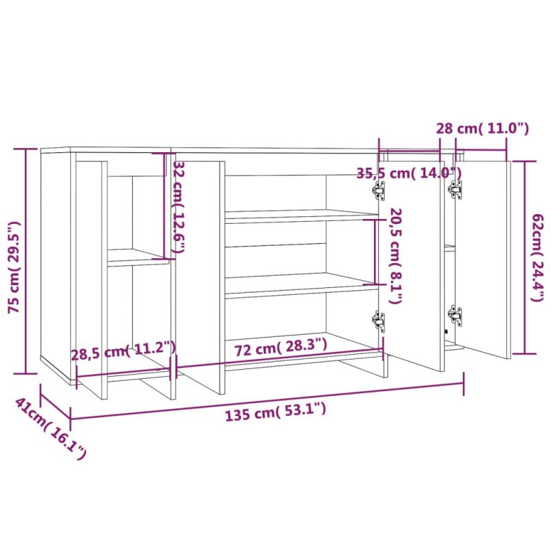 vidaXL Komoda biela 135x41x75 cm drevotrieska