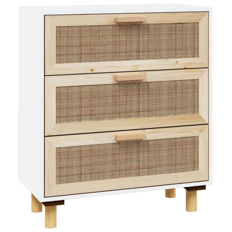 vidaXL Komoda biela 60x30x70 cm masívna borovica a prírodný ratan