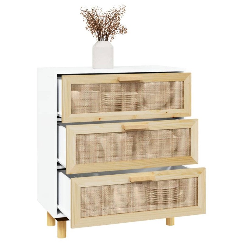 vidaXL Komoda biela 60x30x70 cm masívna borovica a prírodný ratan
