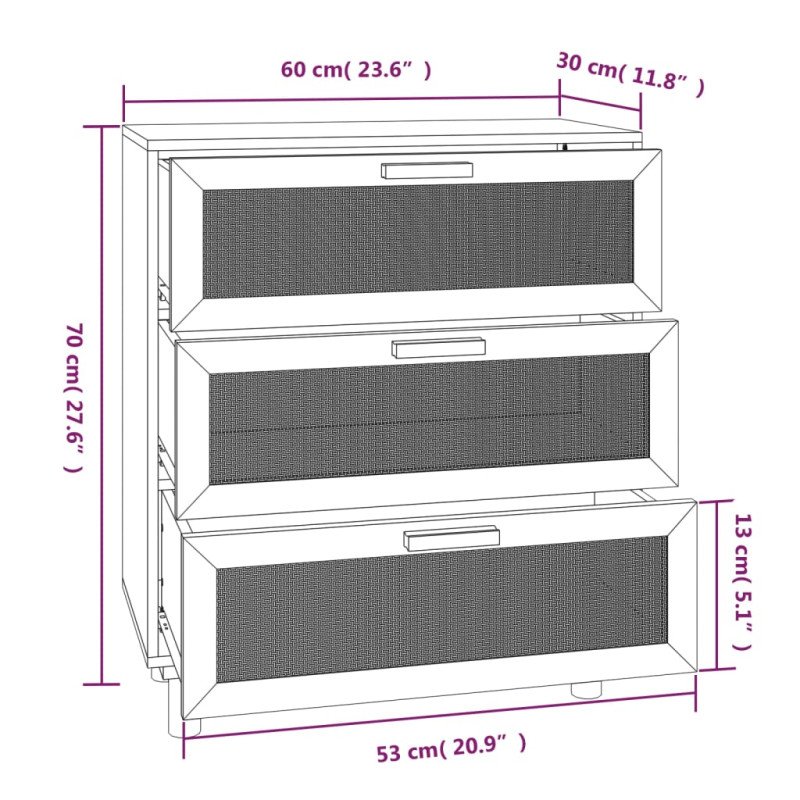 vidaXL Komoda biela 60x30x70 cm masívna borovica a prírodný ratan