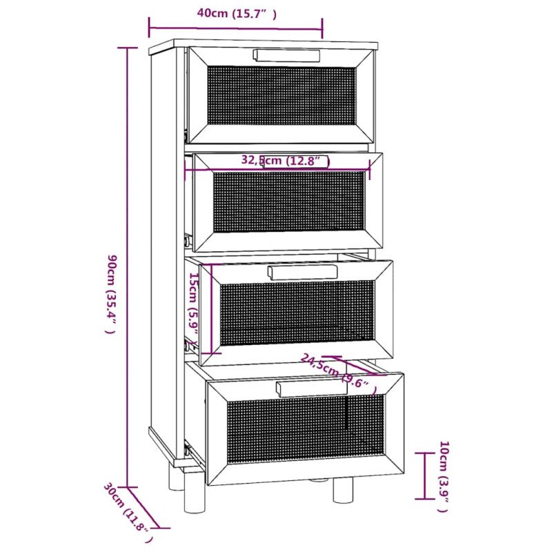 vidaXL Komoda hnedá 40x30x90 cm masívna borovica a prírodný ratan