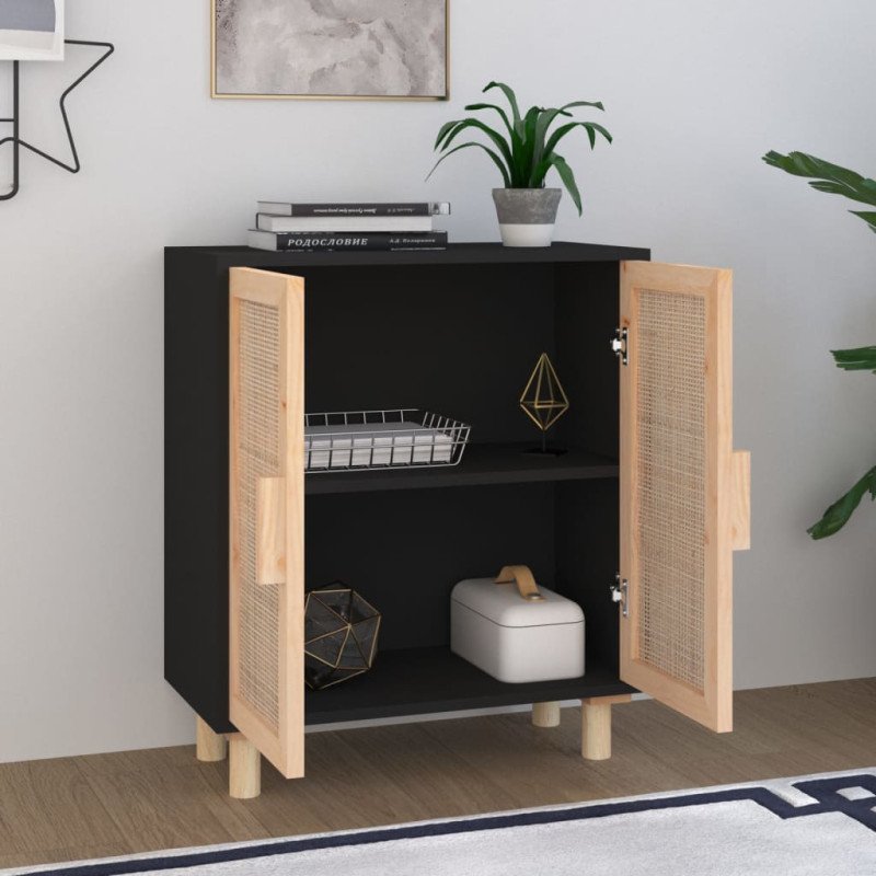 vidaXL Komoda čierna 60x30x70 cm masívna borovica a prírodný ratan