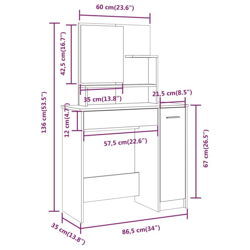 vidaXL Sada toaletného stolíka hnedý dub 86,5x35x136 cm