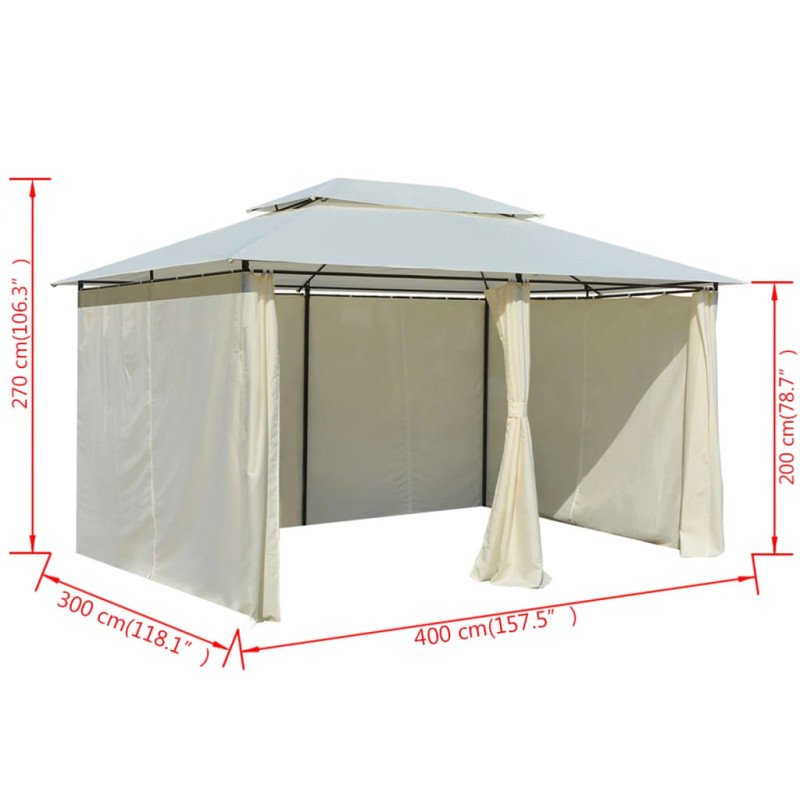 vidaXL Záhradný prístrešok so závesmi, 4x3 m, biely