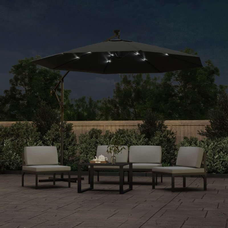 vidaXL Závesný slnečník s LED osvetlením a oceľovou tyčou 300 cm