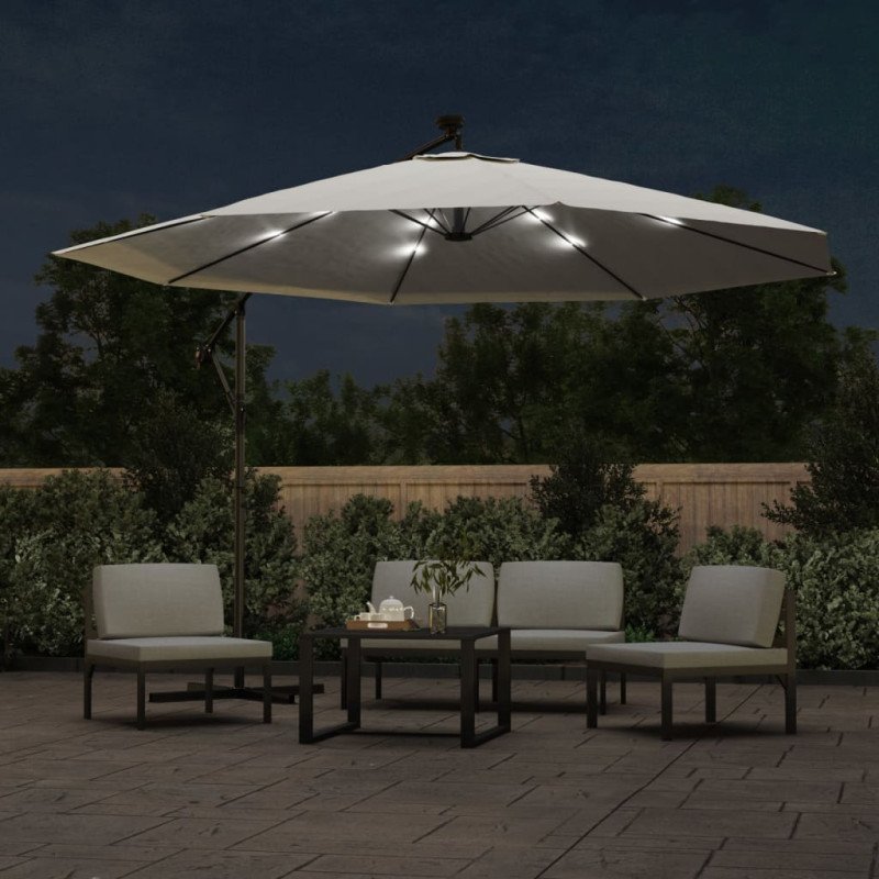 vidaXL Visiaci slnečník s LED osvetlením a kovovou tyčou béžový 350 cm
