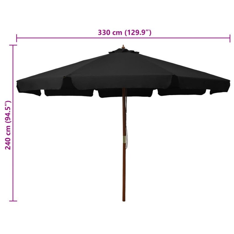 vidaXL Vonkajší slnečník s drevenou tyčou 330 cm, čierny