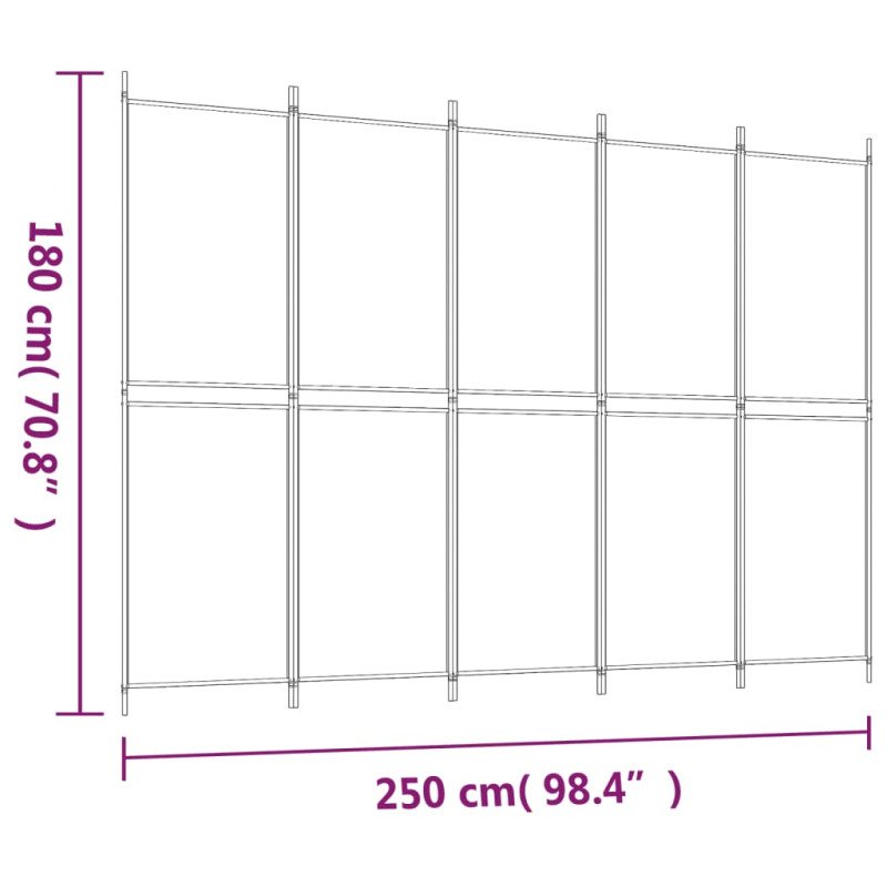 vidaXL 5-panelový paraván biely 250x180 cm látka