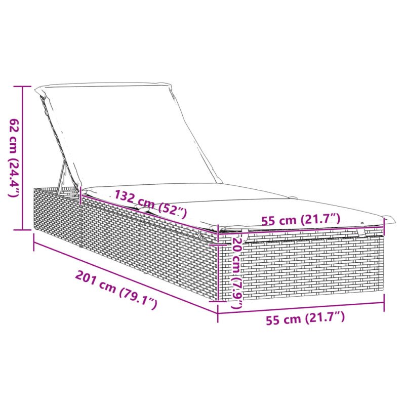 vidaXL Opaľovacie lehátko s vankúšom sivé 201x55x62 polyratan