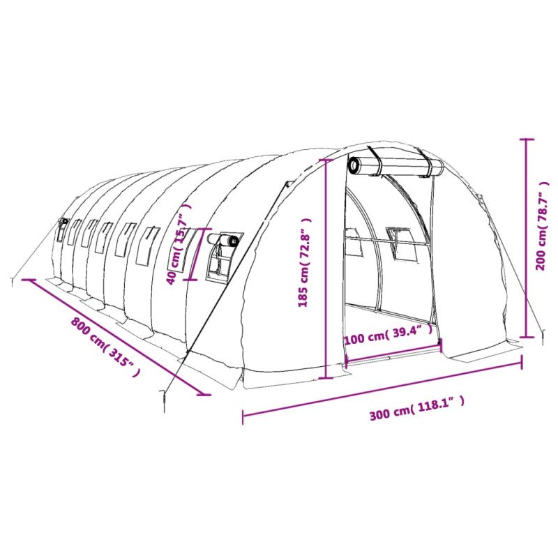 vidaXL Fóliovník s oceľovým rámom zelený 24 m² 8x3x2 m