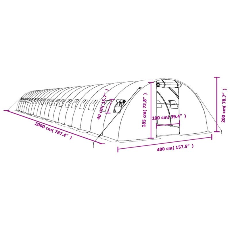 vidaXL Fóliovník s oceľovým rámom zelený 80 m² 20x4x2 m