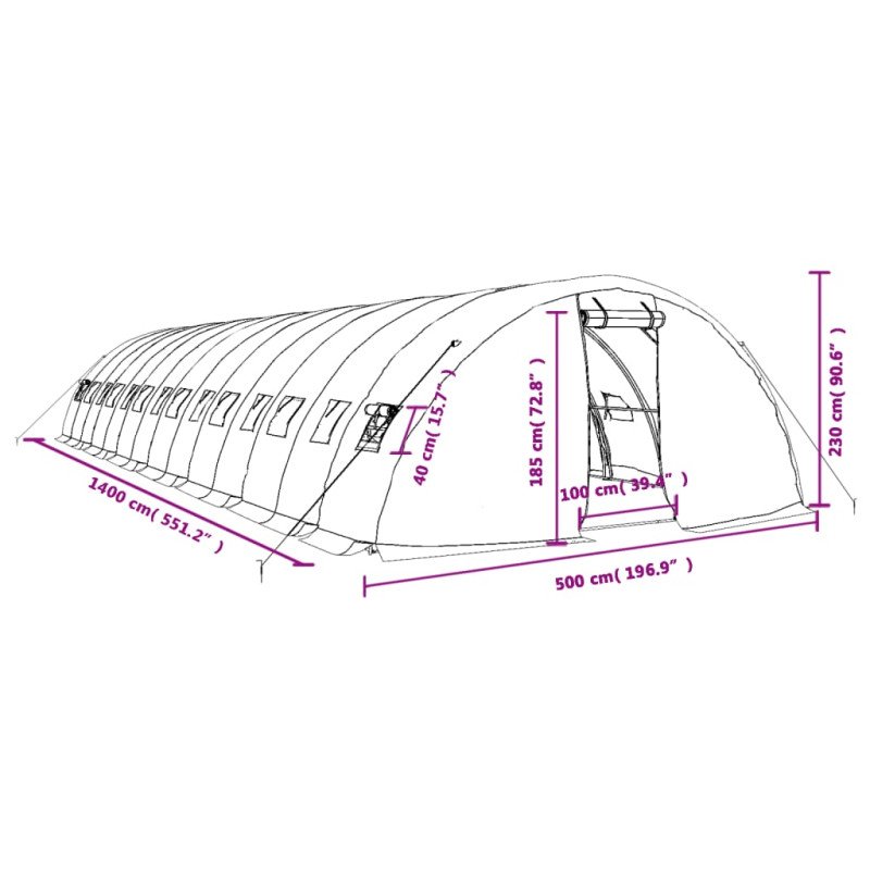 vidaXL Fóliovník s oceľovým rámom zelený 70 m² 14x5x2,3 m