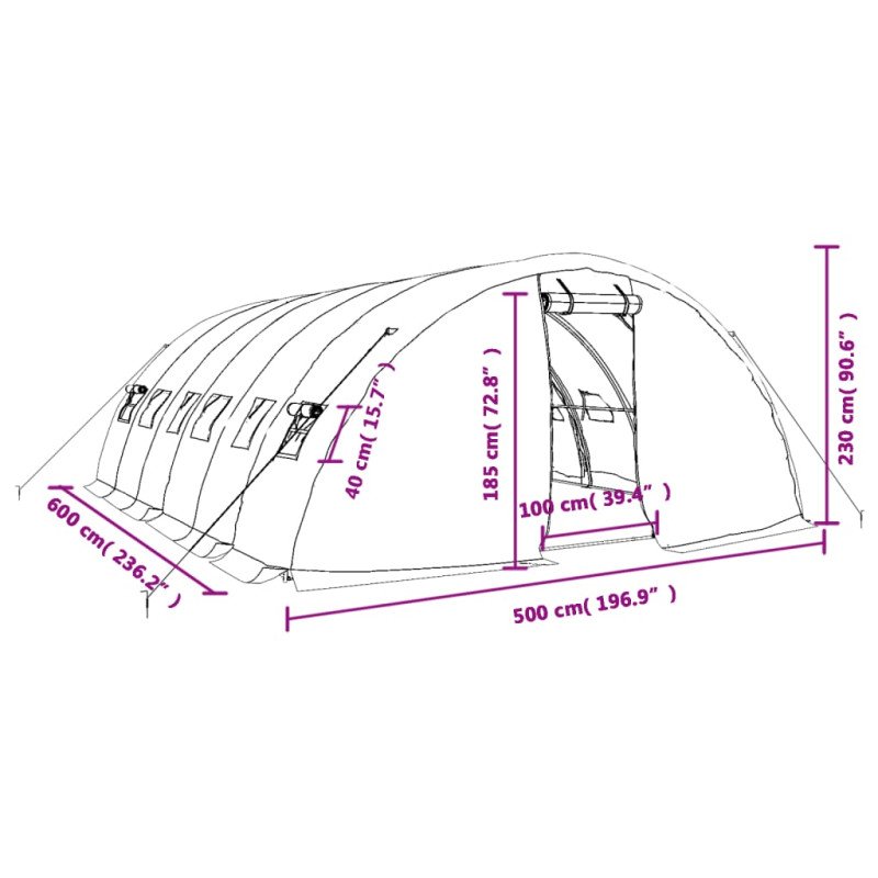 vidaXL Fóliovník s oceľovým rámom biely 30 m² 5x2x2,3 m