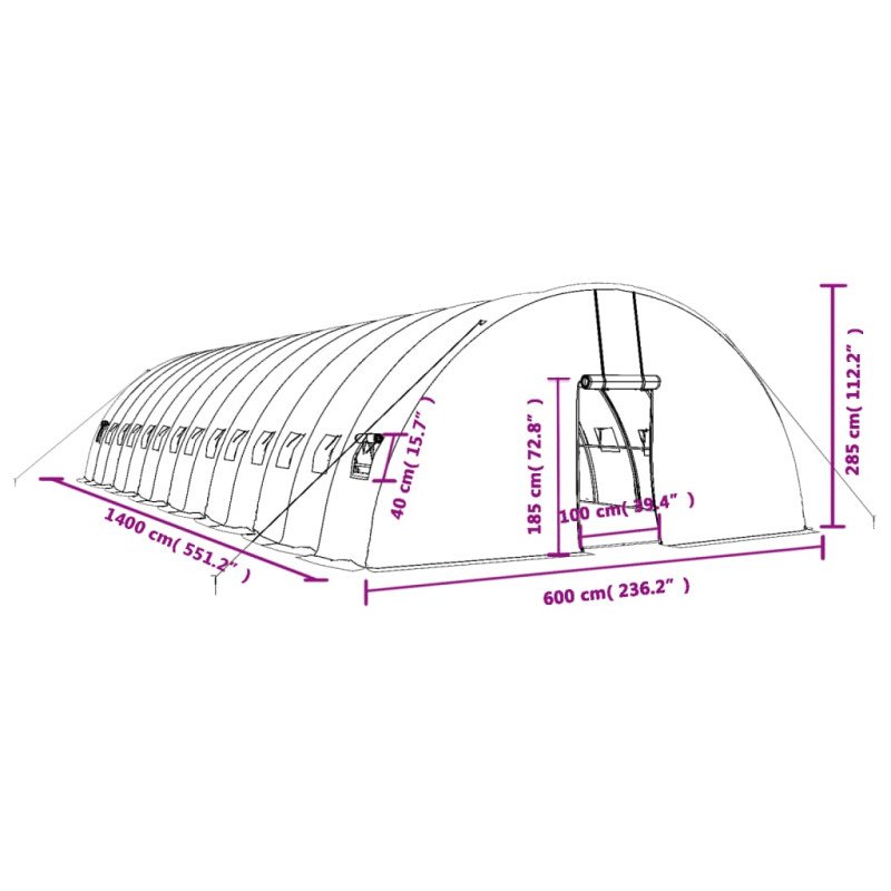 vidaXL Fóliovník s oceľovým rámom zelený 84 m² 14x6x2,85 m