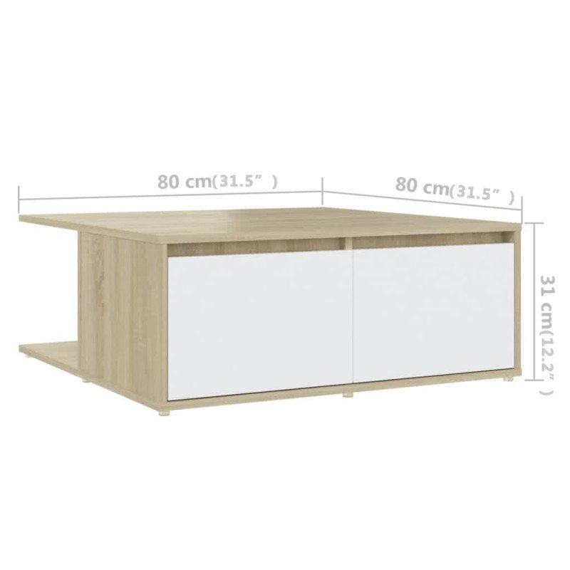 vidaXL Konferenčný stolík biely a dub sonoma 80x80x31 cm drevotrieska