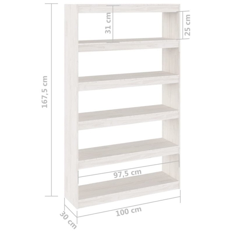 vidaXL Knižnica/deliaca stena biela 100x30x167,5 cm masívna borovica 