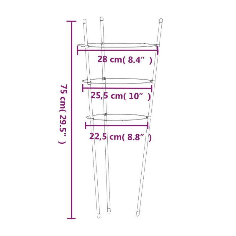 vidaXL Podpery pre záhradné rastliny s 3 krúžkami 5ks zelené 75cm oceľ