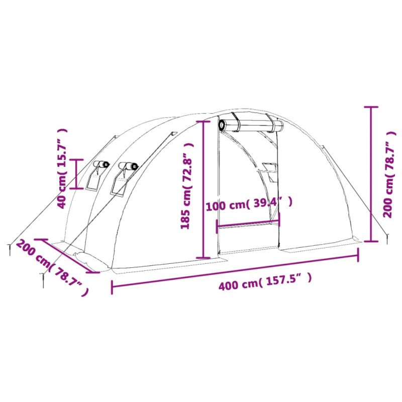 vidaXL Fóliovník s oceľovým rámom zelený 8 m² 4x2x2 m