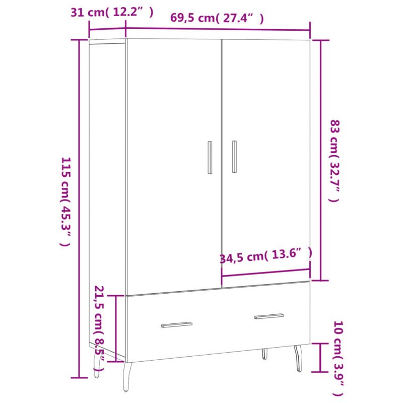 vidaXL Vysoká skrinka sivý dub sonoma 69,5x31x115 cm kompozitné drevo