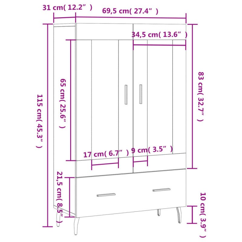 vidaXL Vysoká skrinka biela 69,5x31x115 cm kompozitné drevo