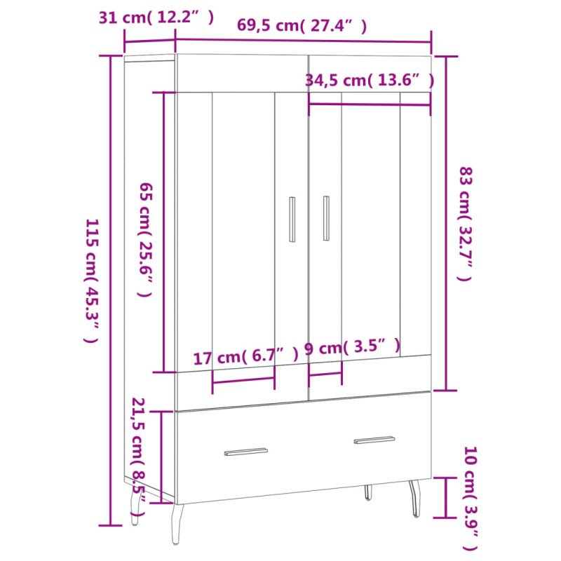 vidaXL Vysoká skrinka hnedá dub 69,5x31x115 cm kompozitné drevo