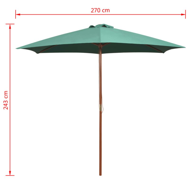 vidaXL Slnečník 270x270 cm, drevená tyč, zelený